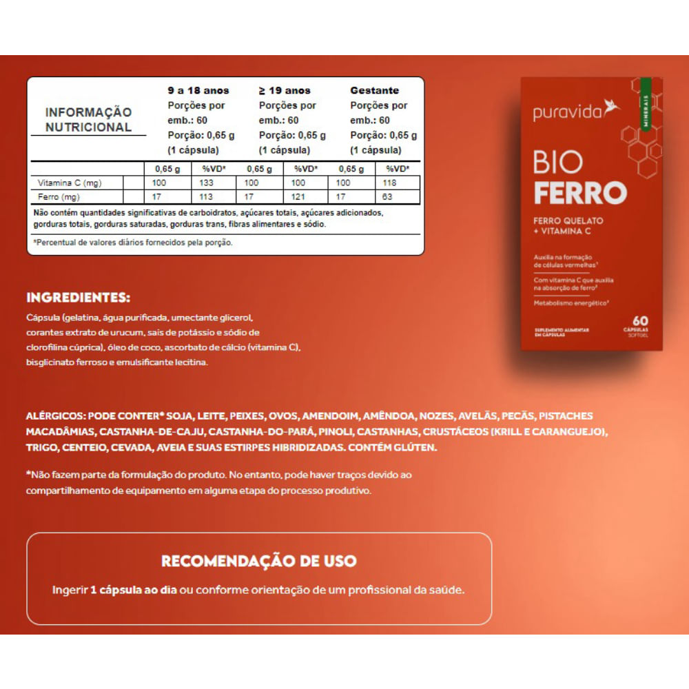 Bio Ferro Puravida 60 Cápsulas