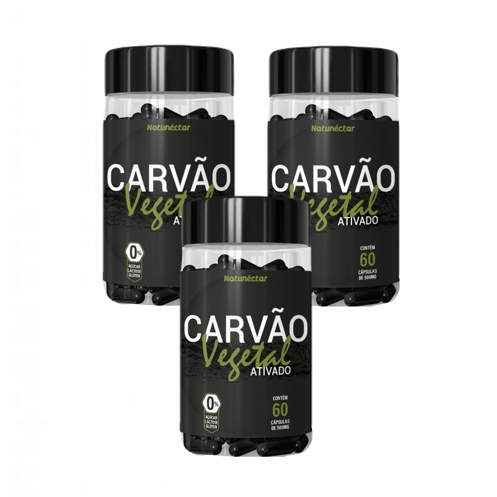3x  Carvão Vegetal Ativado Puro Natunéctar 60 Cápsulas