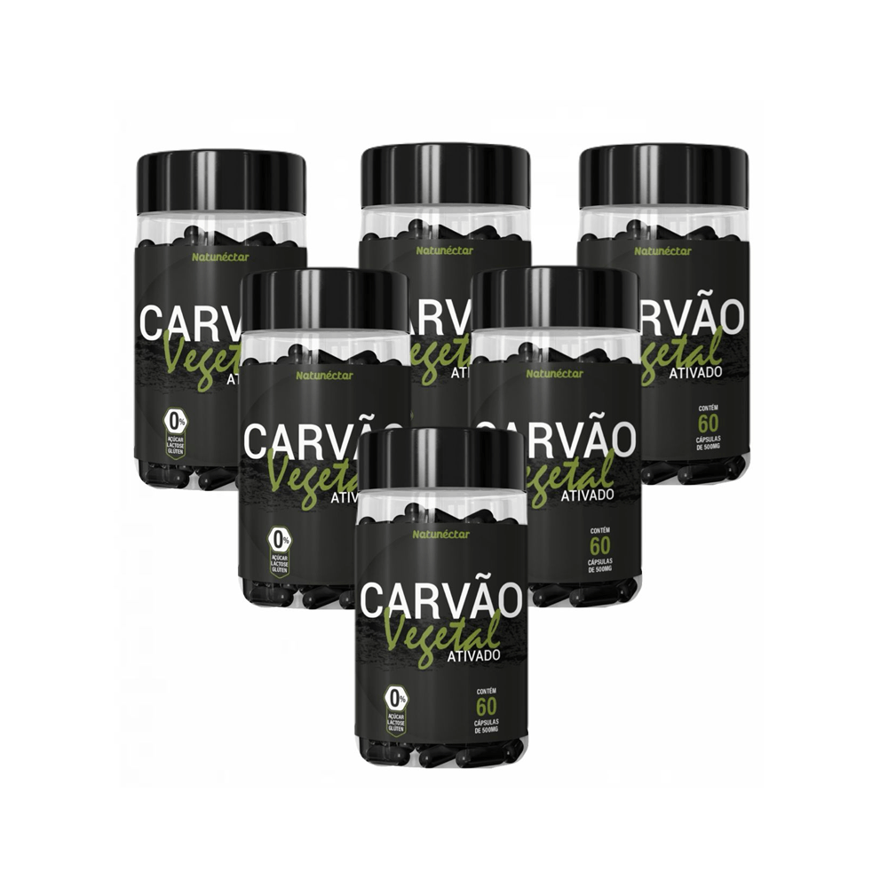 6x Carvão Vegetal Ativado Puro Natunéctar 60 Cápsulas