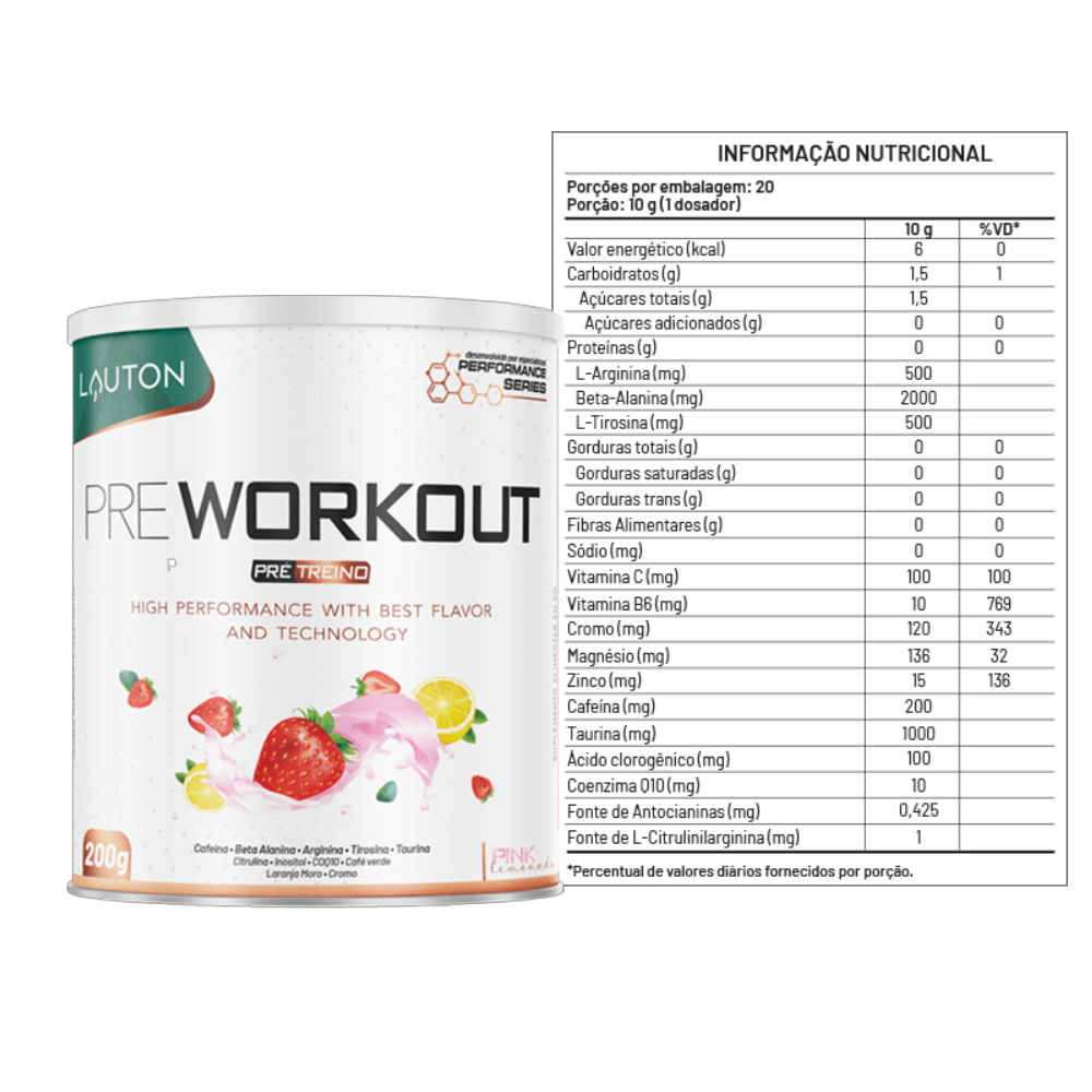 Pré Workout Pré Treino Sabor Pink Lemonade 200g Lauton