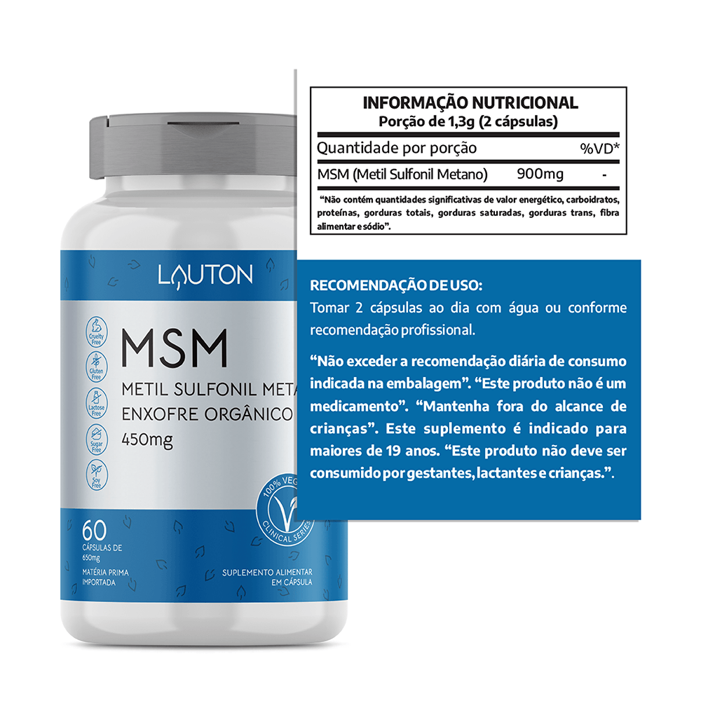 MSM (Enxofre Orgânico) Metil Sulfonil Metano 450mg 60 Cápsulas Lauton Nutrition