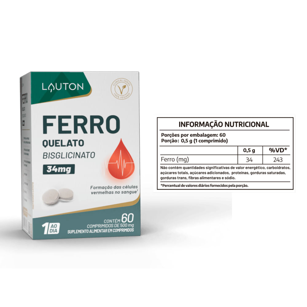 Ferro Quelato Bisglicinato 34mg 60 Comprimidos Lauton