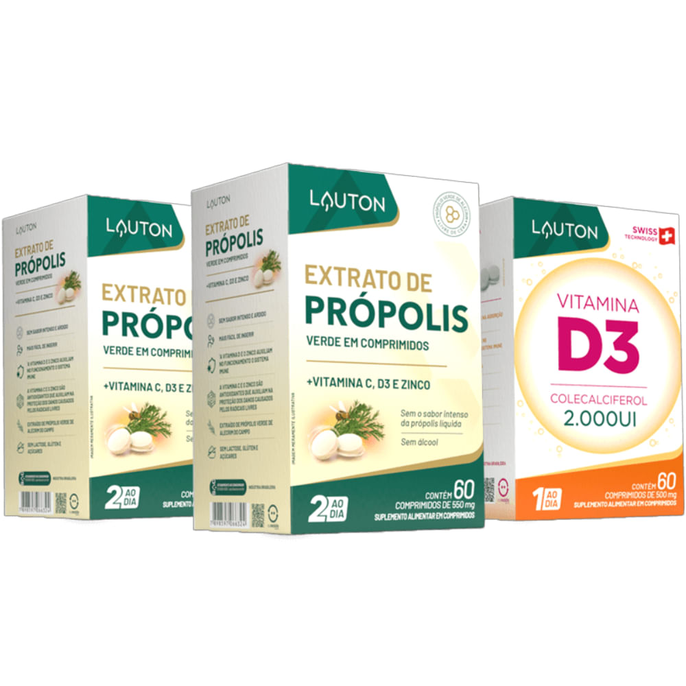 Kit com 2 Extratos de Própolis + 1 Vitamina D3 Lauton Nutrition 2000UI