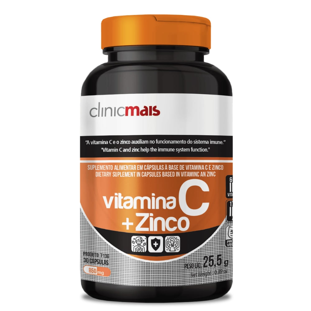Vitamina C (Ácido Ascórbico) com Zinco ClinicMais 850mg 30 Cápsulas