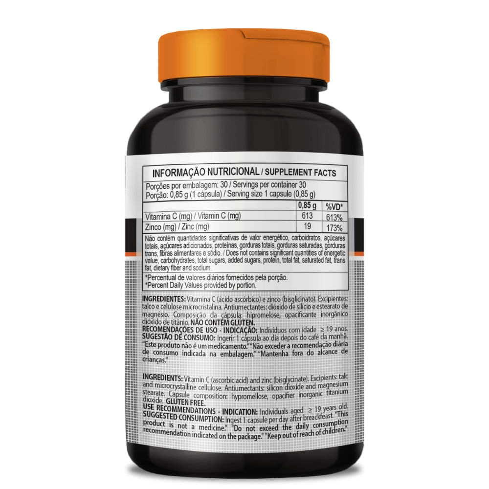 Vitamina C (Ácido Ascórbico) com Zinco ClinicMais 850mg 30 Cápsulas
