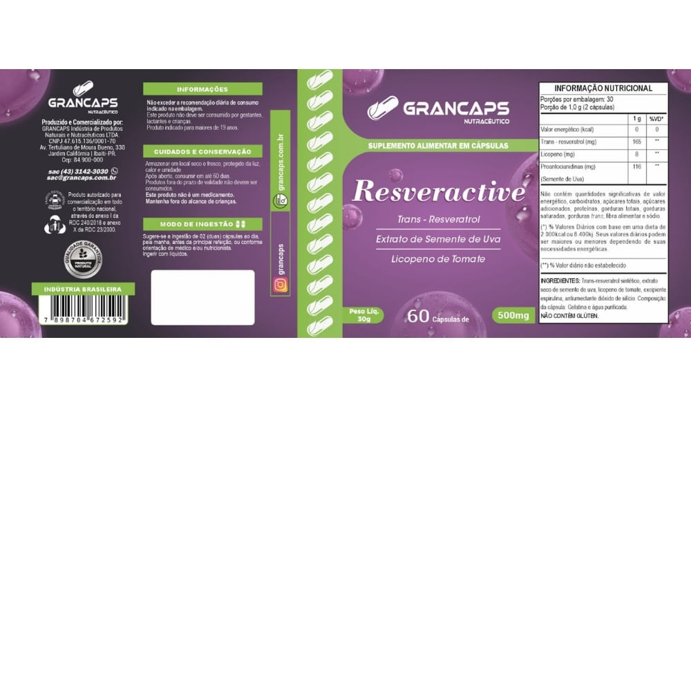 Resveratrol com Licopeno 60 cápsulas Grancaps 500mg