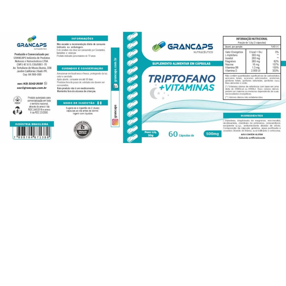 Triptofano mais Vitaminas Grancaps 500mg 60 Cápsulas