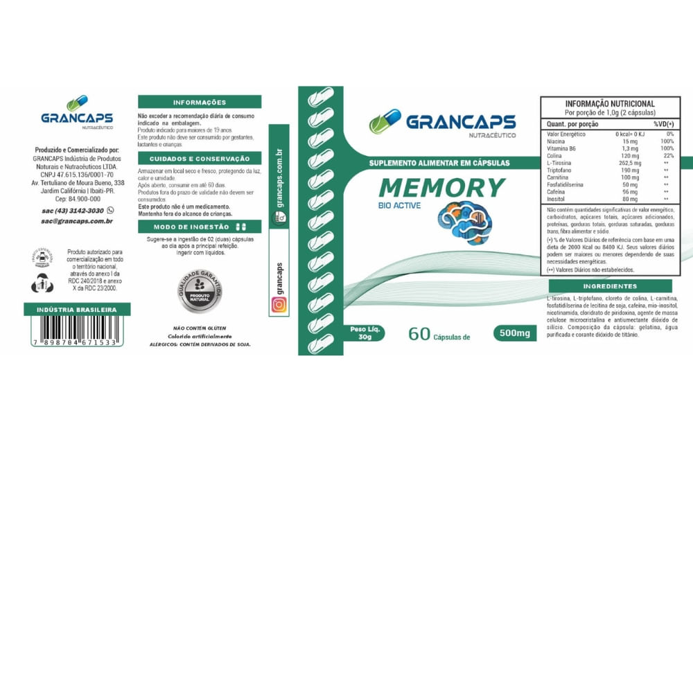 Memory Bio Active Grancaps 500mg 60 cápsulas