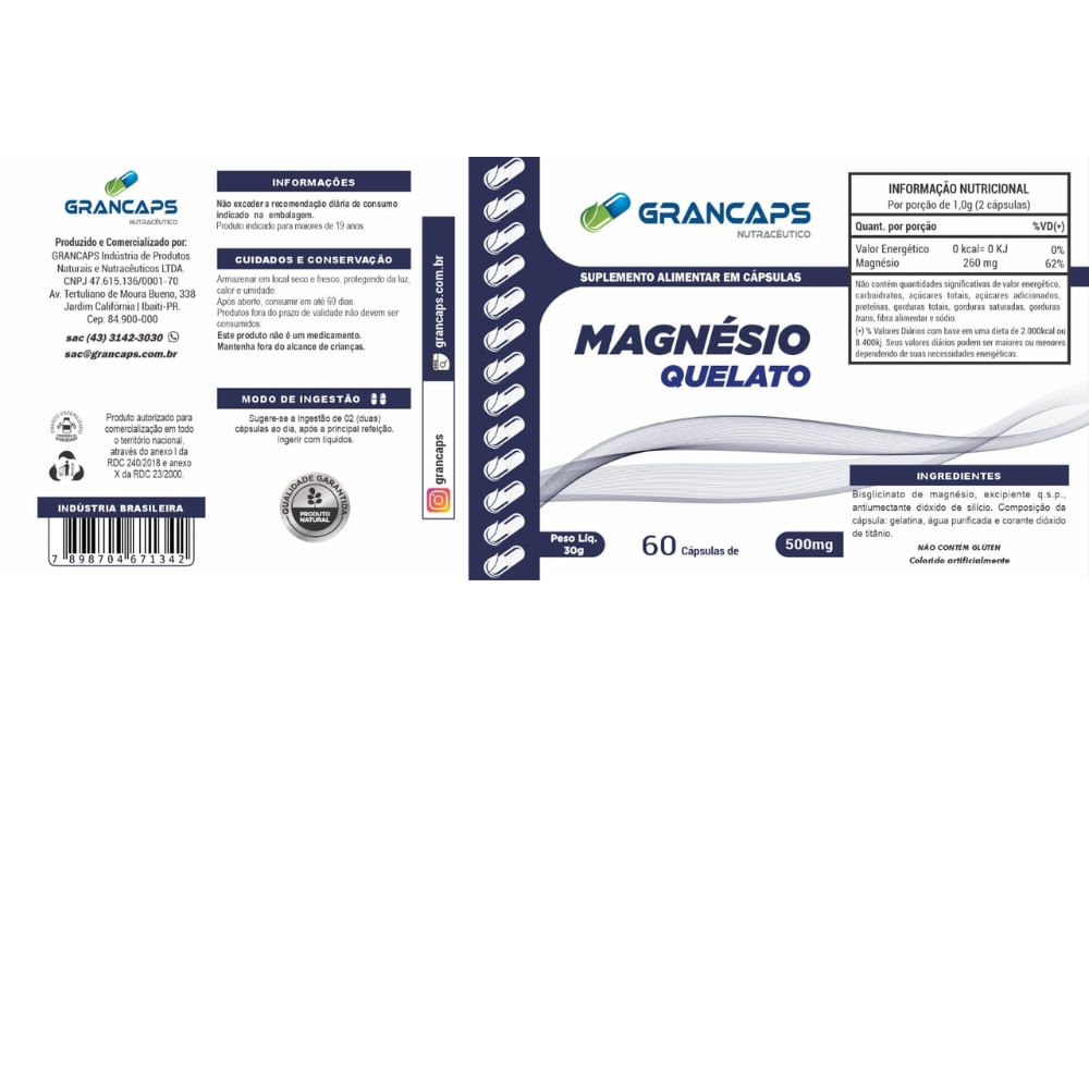 Magnésio Quelato Grancaps 500mg 60 cápsulas