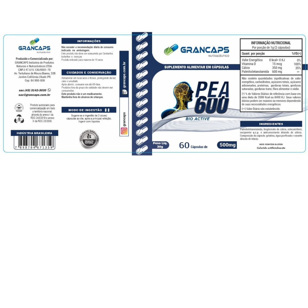 PEA 600 Bio Active Analgésico 60 cápsulas Grancaps 500mg