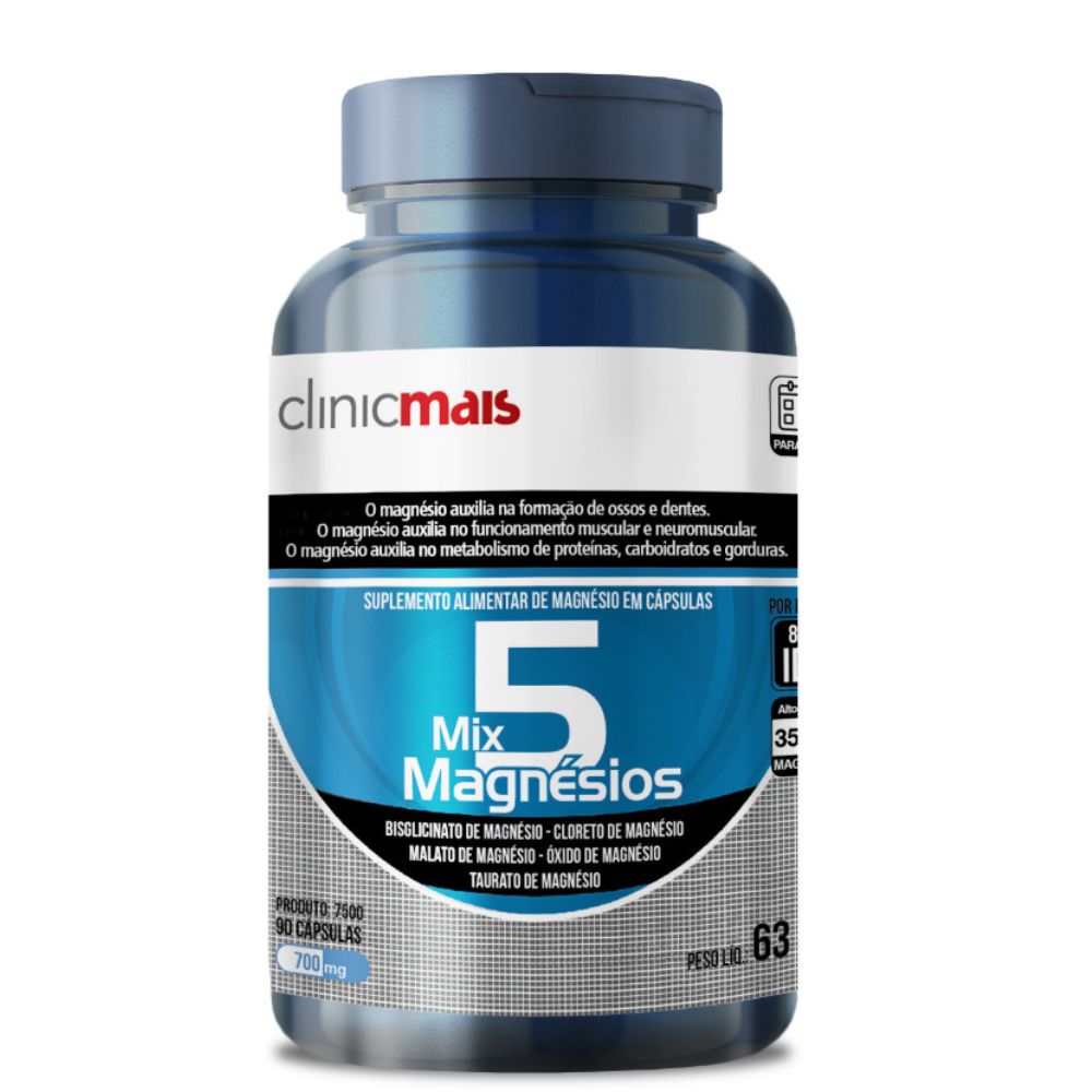 5 Mix Magnésios ClinicMais 700mg 90 Cápsulas