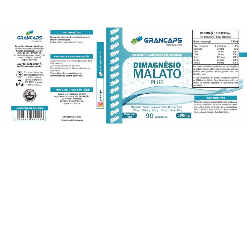 Magnésio Dimalato Plus 90 cápsulas Grancaps 500mg