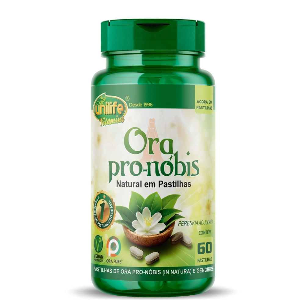Ora Pro-Nóbis Natural e Gengibre 60 Pastilhas Unilife 1000mg