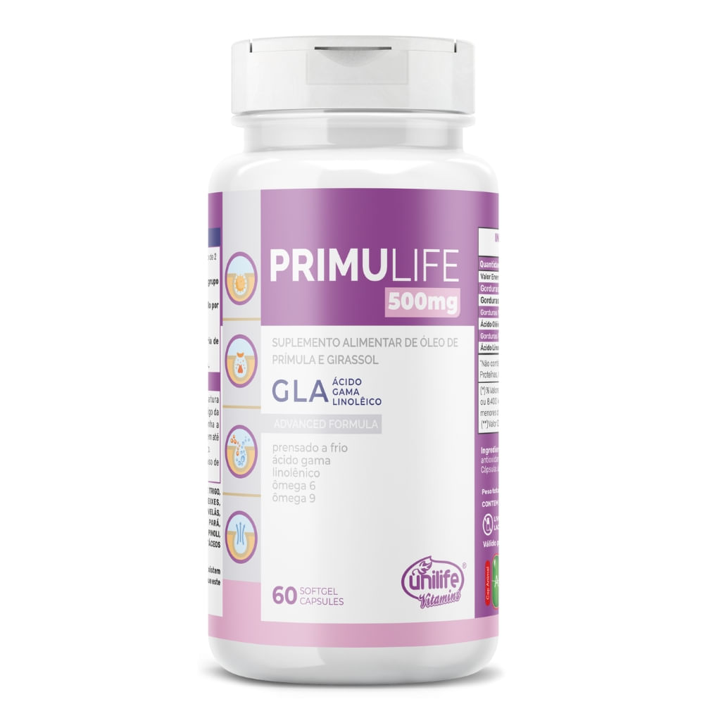 Óleo de Prímula e Girassol Primulife Unilife 500mg 60 Cápsulas