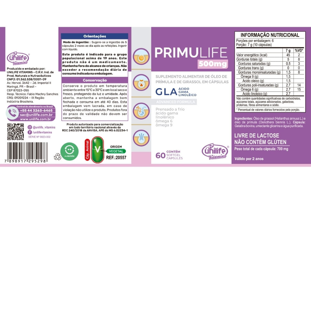 Óleo de Prímula e Girassol Primulife Unilife 500mg 60 Cápsulas