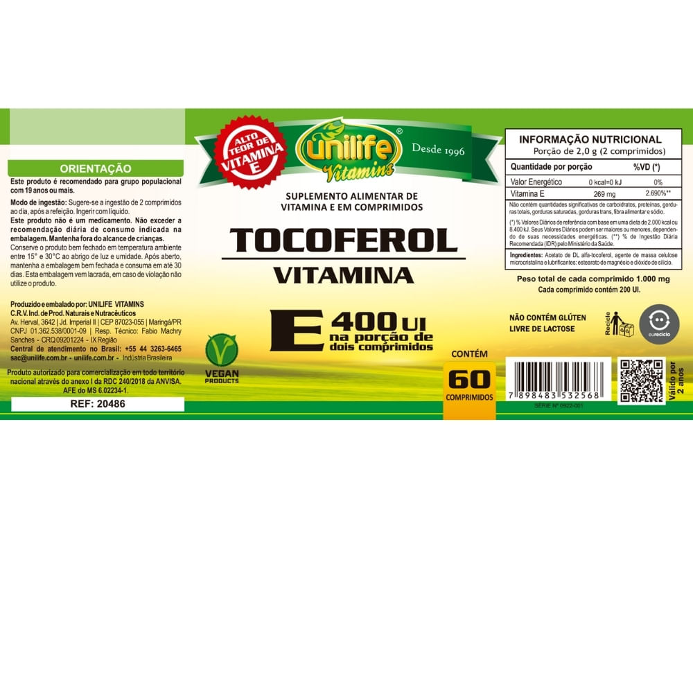 Vitamina E (Tocoferol) Unilife 1000mg 60 Comprimidos