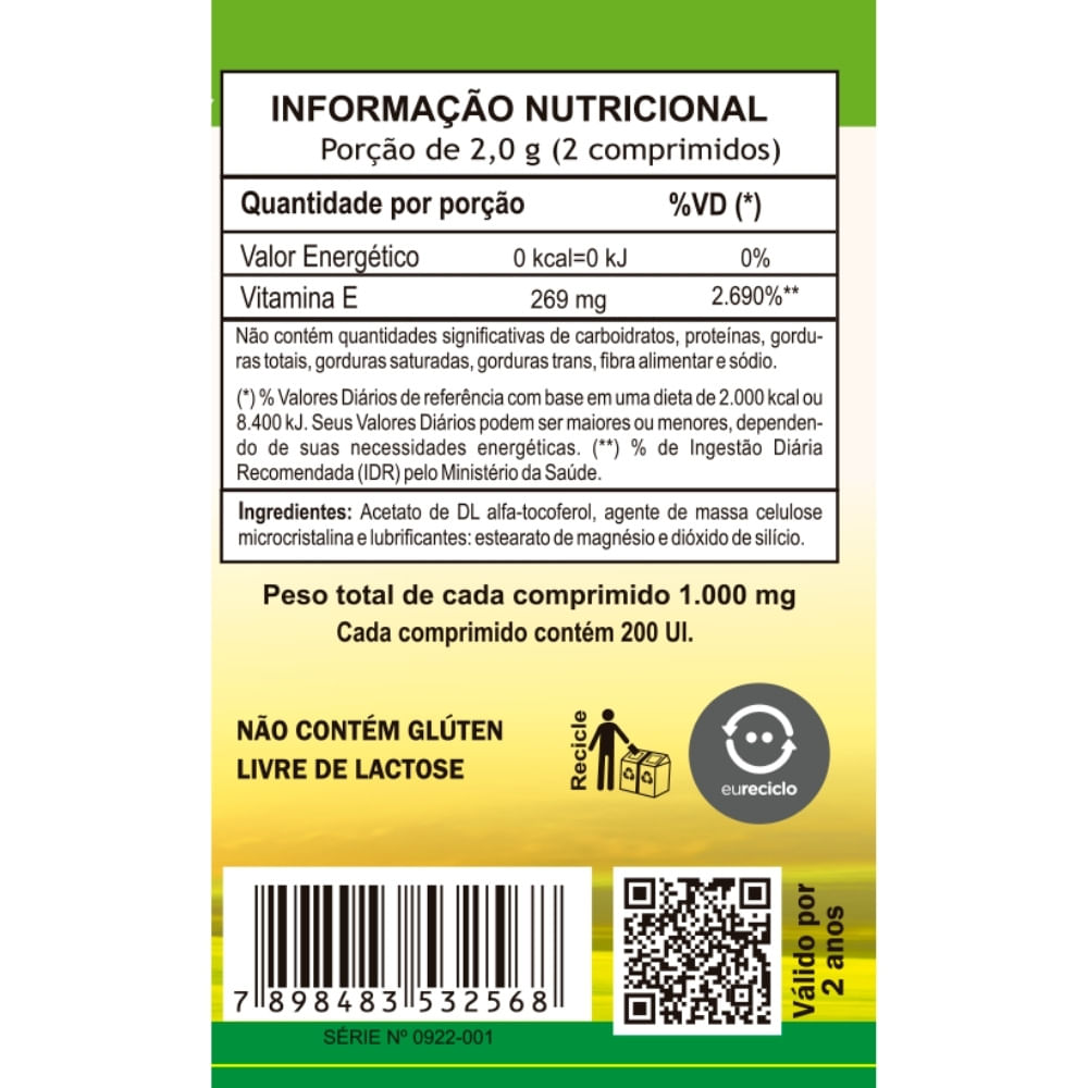 Vitamina E (Tocoferol) Unilife 1000mg 60 Comprimidos