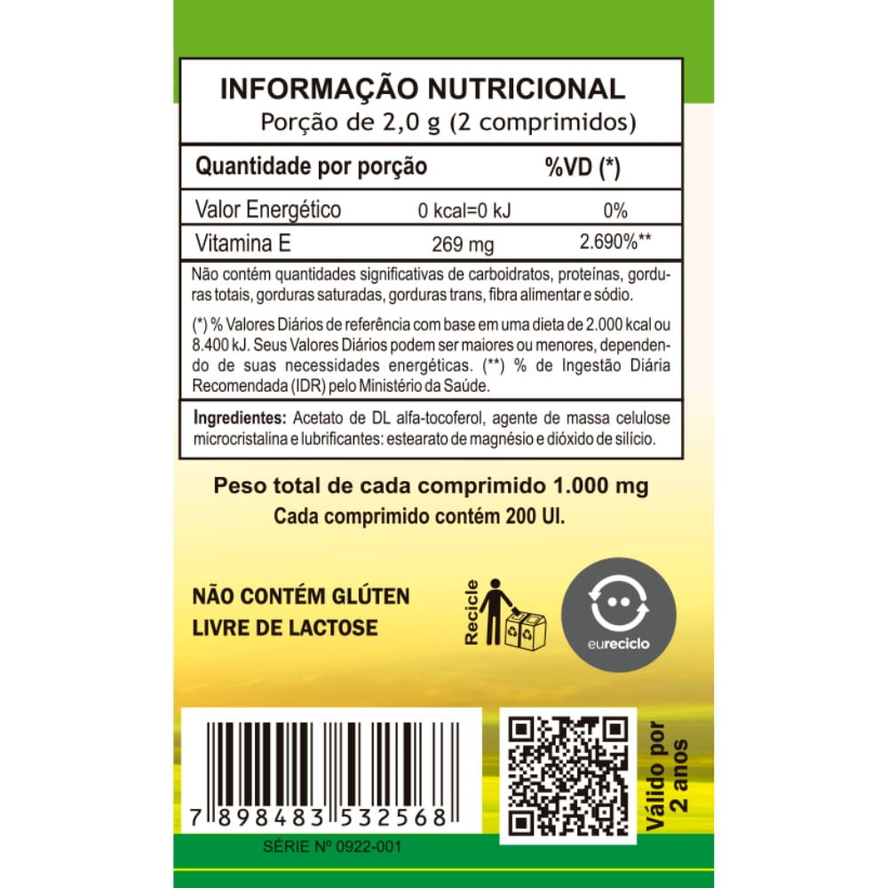 Vitamina E (Tocoferol) Unilife 1000mg 60 Comprimidos