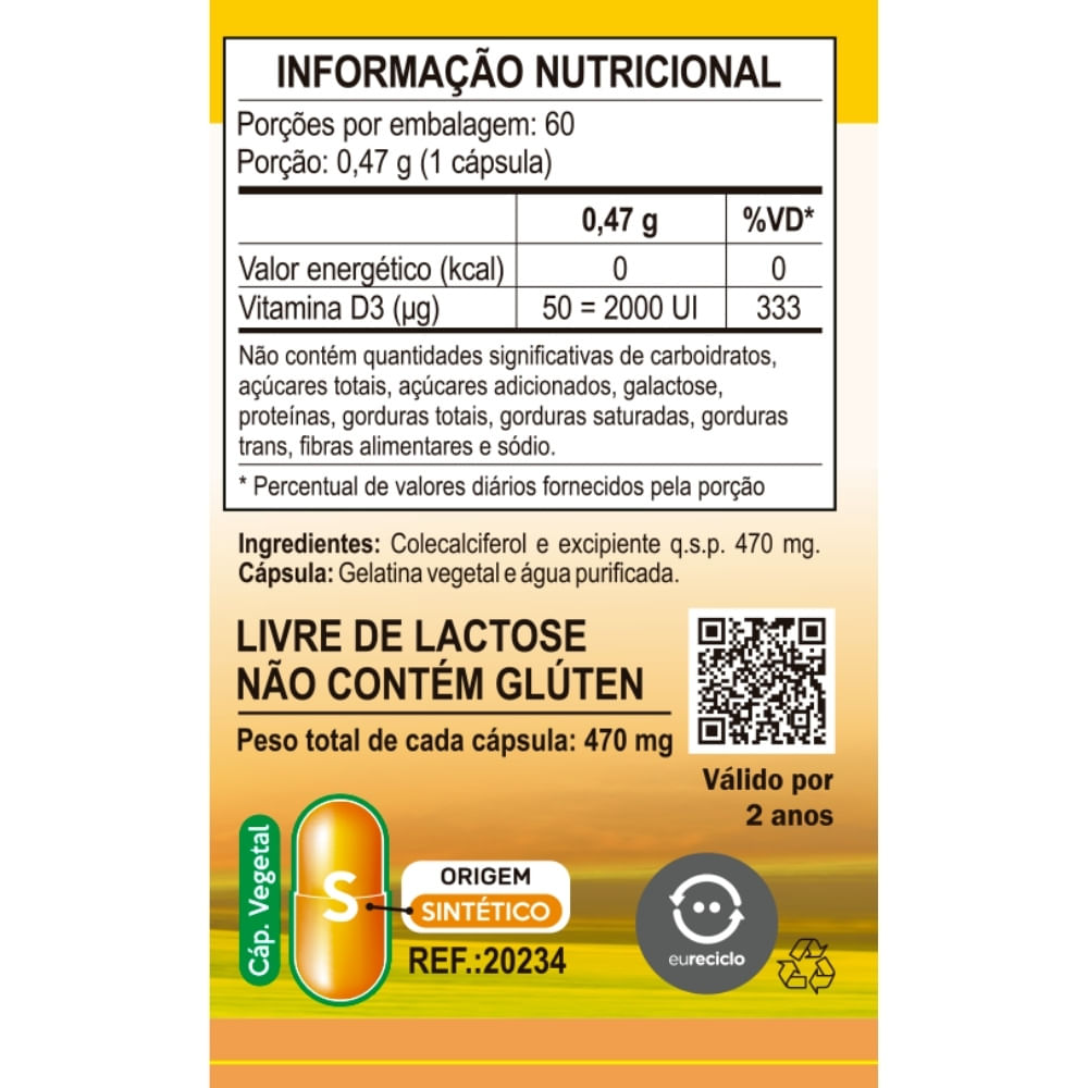 Vitamina D3 (Colecalciferol) 60 cápsulas  Unilife 2000 UI