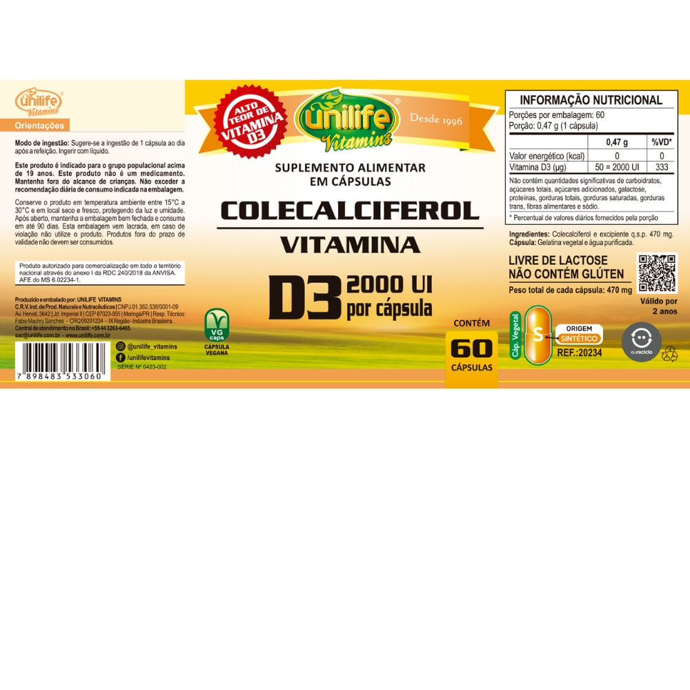 Vitamina D3 (Colecalciferol) 60 cápsulas  Unilife 2000 UI
