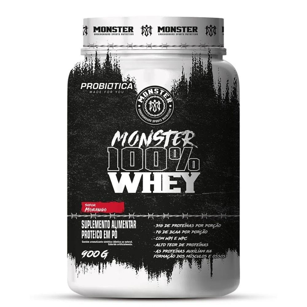 Whey Protein 100% Concentrado Sabor Morango Probiótica 900g