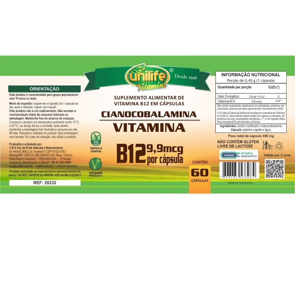 Vitamina B12 (Cianocobalamina) Unilife 450mg 60 Cápsulas