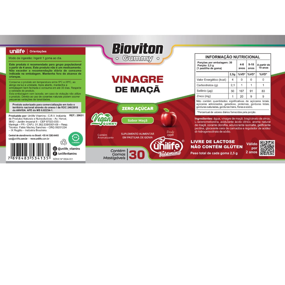 Vinagre de Maça Gummy Unilife Sabor Maçã 2500mg 30 Gomas
