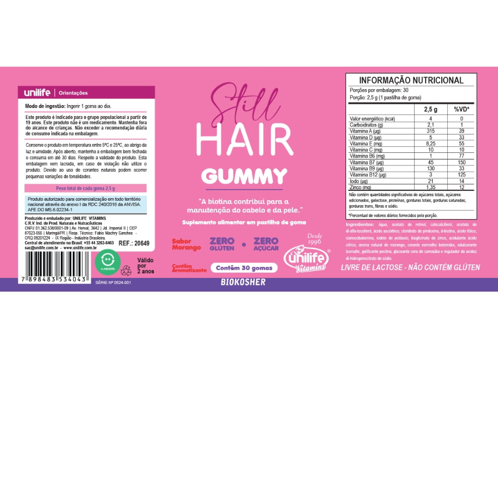 Still Hair Cabelos e Unhas Gummy 30 Gomas  Sabor Morango Unilife 2500mg