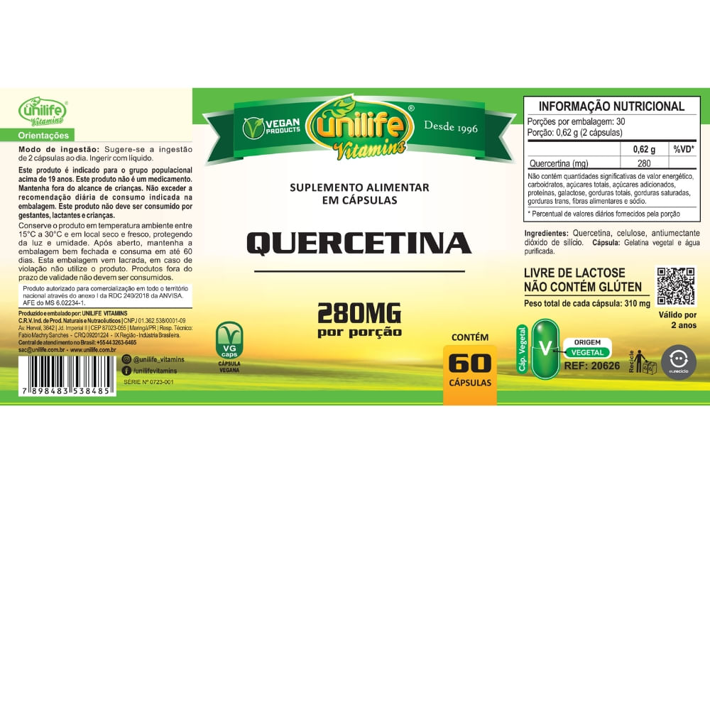 Quercetina Unilife 310mg 60 Cápsulas