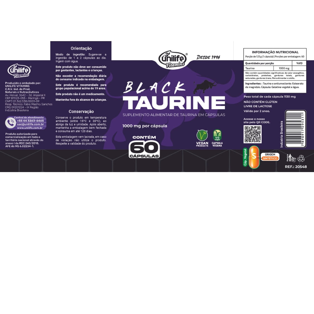 Taurina Black Taurine Unilife 1130mg 60 Cápsulas