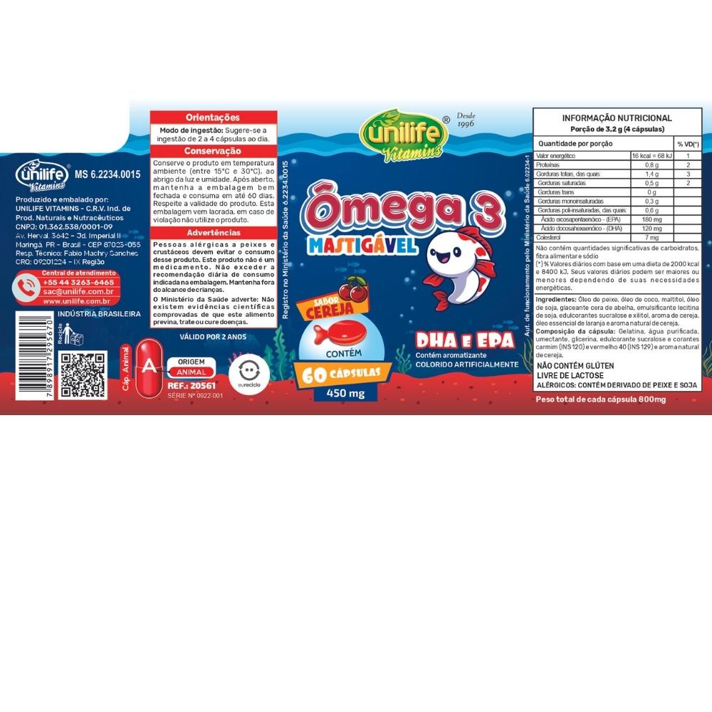 Ômega 3 Kids Mastigável Unilife 800mg 60 Cápsulas