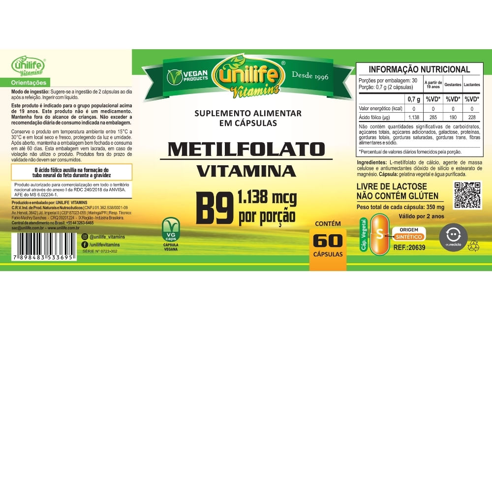 Metilfolato Ácido Fólico (Vitamina B9) Unilife 350mg 60 Cápsulas