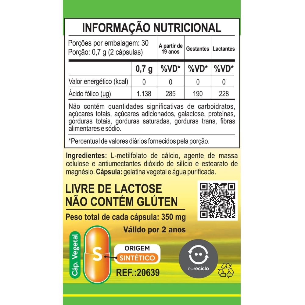 Metilfolato Ácido Fólico (Vitamina B9) Unilife 350mg 60 Cápsulas