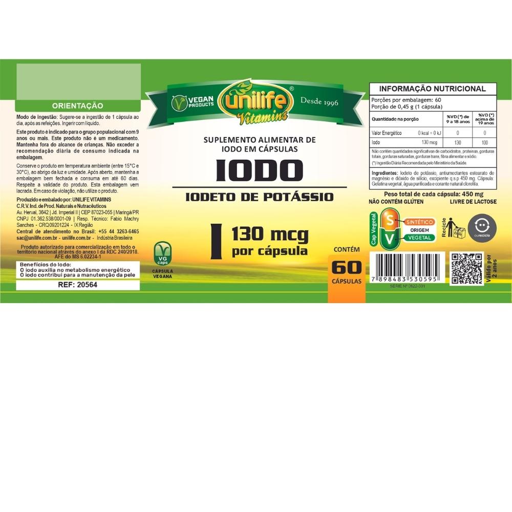 Iodo (Iodeto de Potássio) Tireoide Unilife 450mg 60 Cápsulas