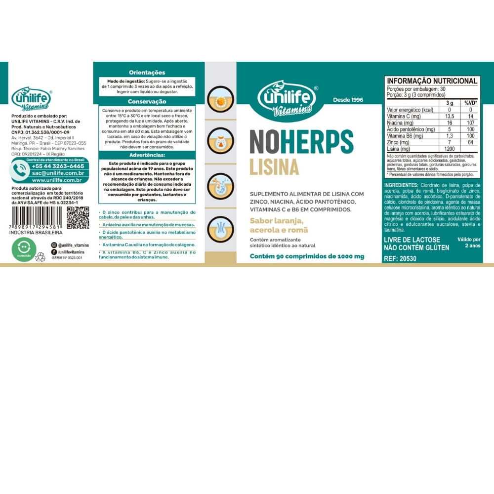 Lisina NoHerps Unilife 1000mg 90 comprimidos