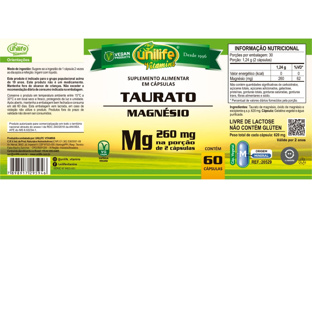 Magnésio Taurato Unilife 620mg 60 Cápsulas