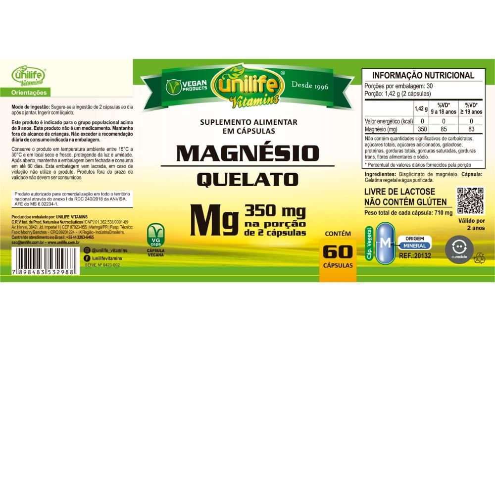 Magnésio Quelato Unilife 700mg 60 Cápsulas