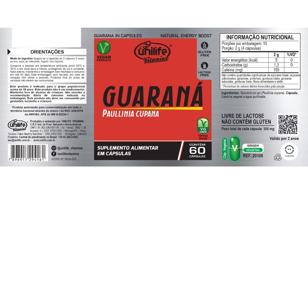 Guaraná Unilife 500mg 60 Cápsulas