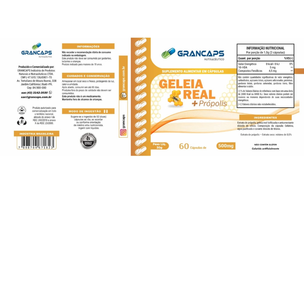 Geléia Real com Própolis 60 cápsulas Grancaps 500mg