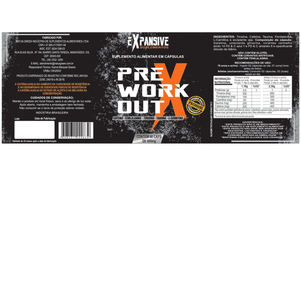 Cafeína e Taurina Pré-Treino Expansive 600mg 60 Cápsulas