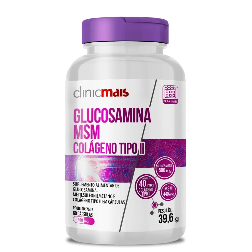 Glucosamina, MSM e Colágeno Tipo 2 ClinicMais 660mg 60 Cápsulas