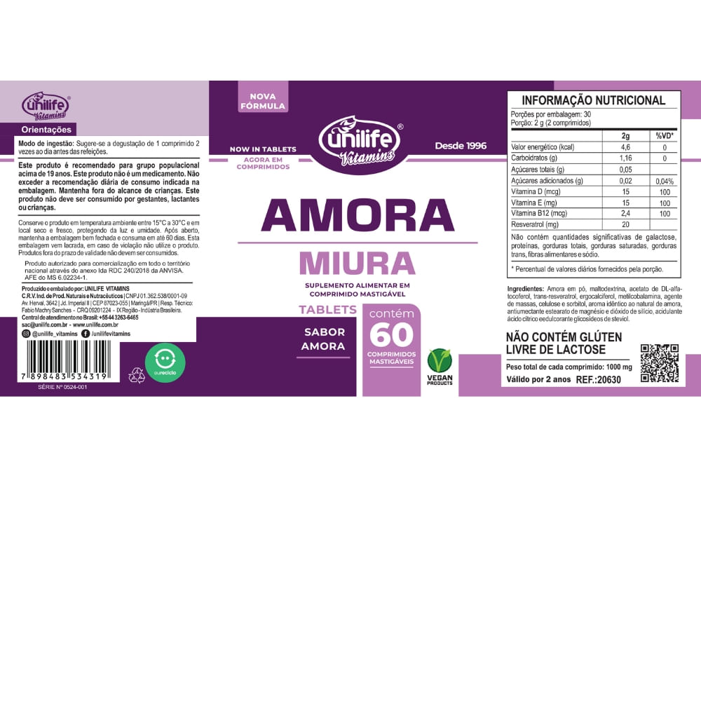 Amora Miura Mastigável Unilife 1000mg 60 comprimidos