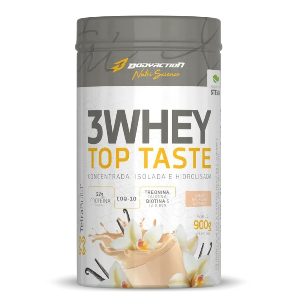 3 Whey Protein Top Taste + Bcaa Sabor Baunilha Body Action 900g