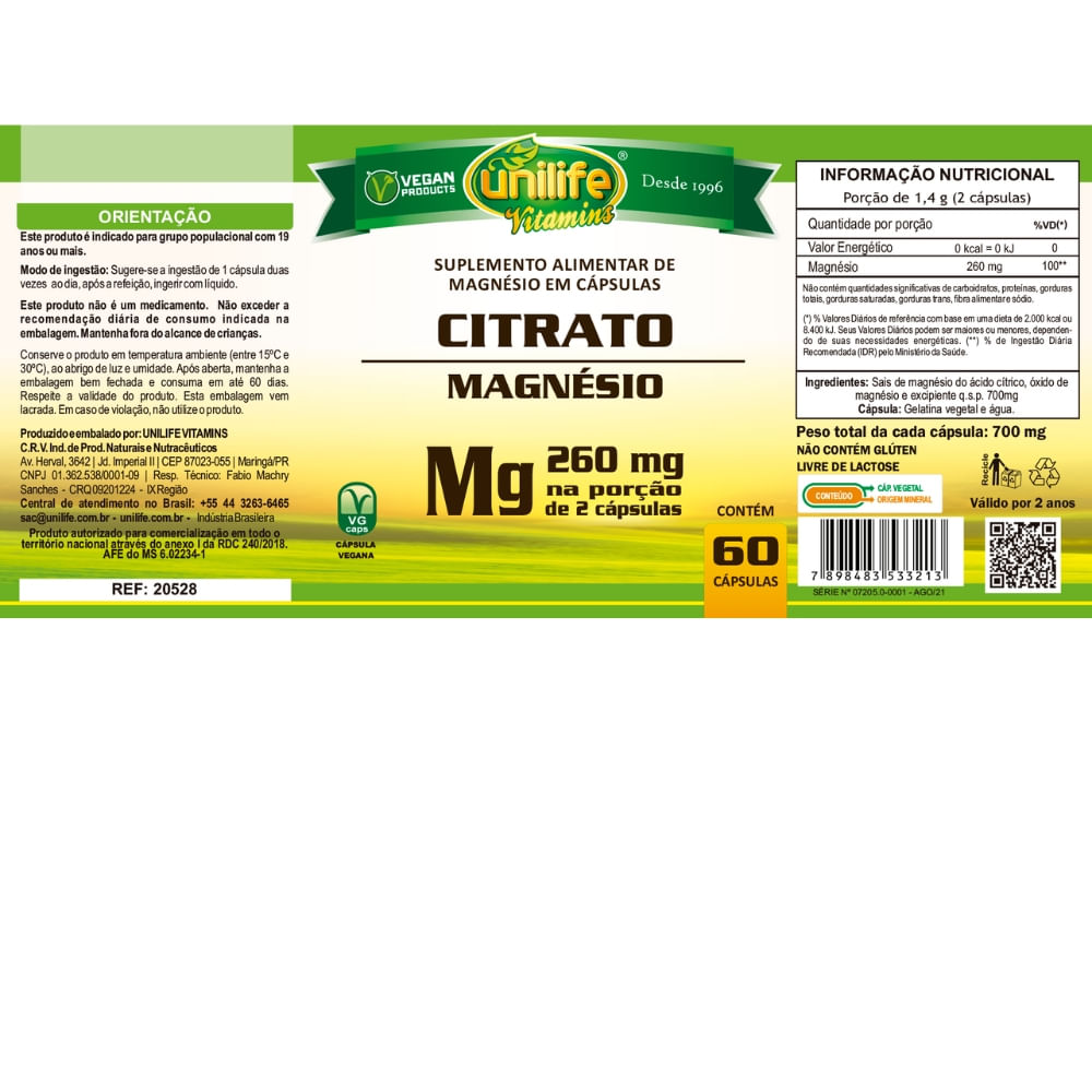Magnésio Citrato Unilife 990mg 60 Cápsulas