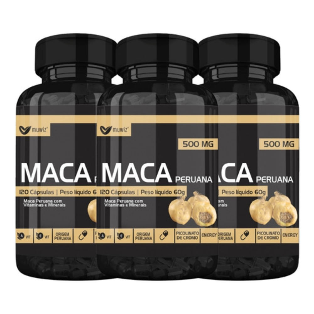 Kit 3x Maca Peruana com Vitaminas 120 Cápsulas Muwiz 500mg