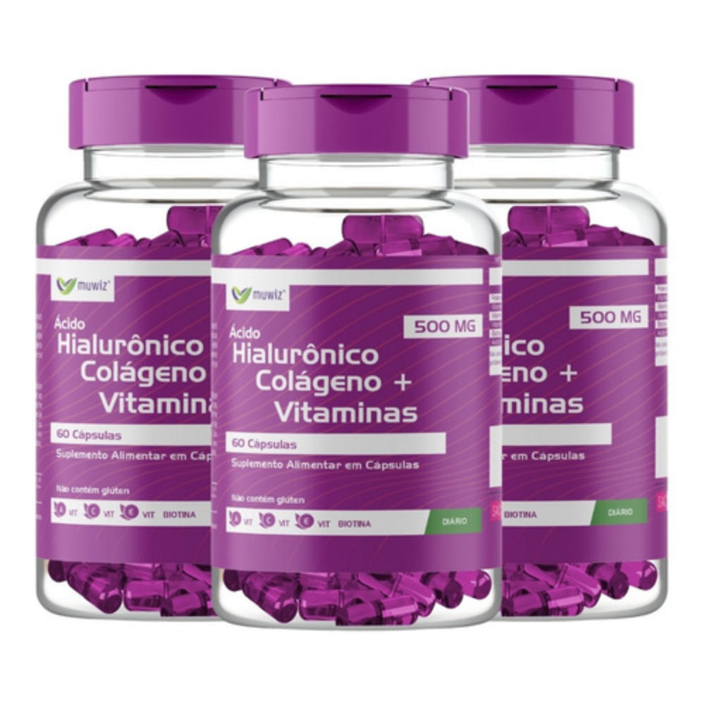 Kit 3x Ácido Hialurônico com Colágeno+ Vit 60cap Muwiz 500mg