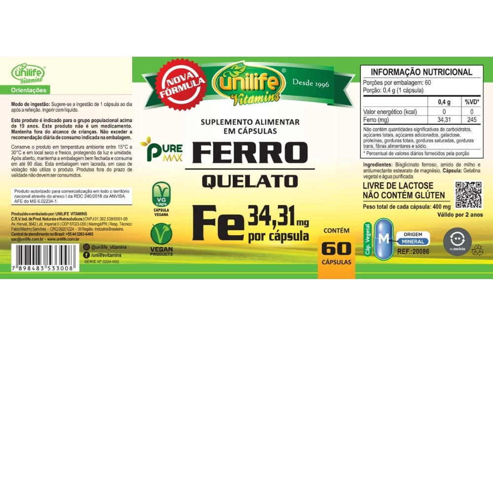 Ferro Quelato Unilife 500mg 60 Cápsulas