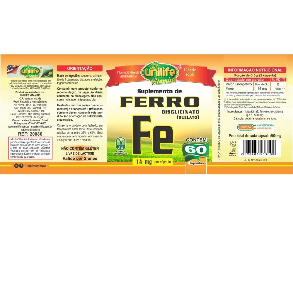 Ferro Quelato Unilife 500mg 60 Cápsulas