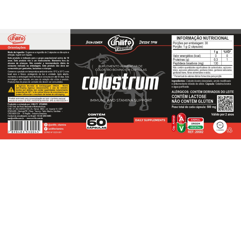 Colostro Bovino Unilife 500mg 60 Cápsulas