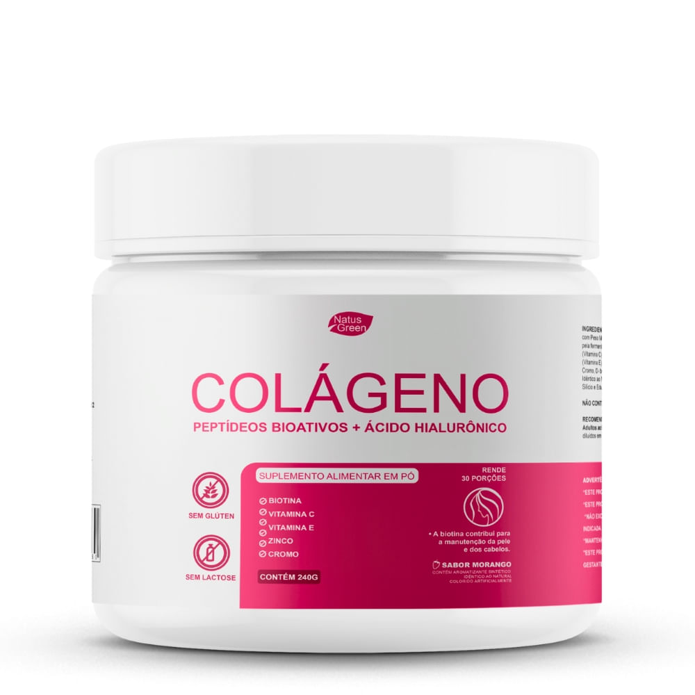 Colágeno Hidrolisado com Ácido Hialurônico Sabor Morango Natus Green 240g